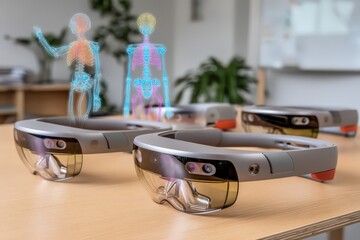 Cutting-edge augmented reality glasses demonstrating holographic human anatomy applications enhancing medical education in a stylish technology workspace captured with clarity