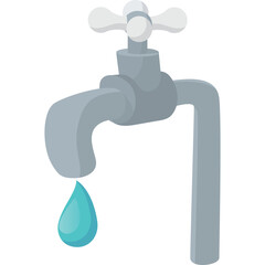 Gray Metal Faucet Dripping a Single Blue Water Droplet Isolated on a Transparent Background