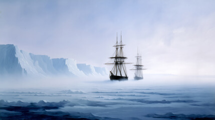 Obraz premium The iconic voyage of James Clark Ross (1839-1843) aboard HMS Erebus and HMS Terror, discovering the Ross Sea and the Ross Ice Shelf. Keywords: Antarctica, Ross expedition, 1840s, i