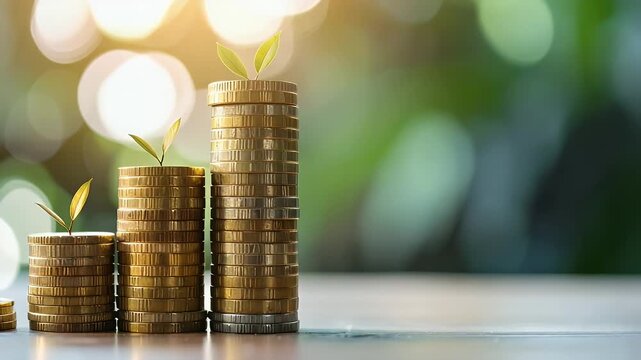 Golden Coins Stacked in Ascending Order with Young Green Sprouts Emerging Symbolizing Financial Growth and Investment