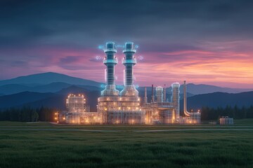 A stunning modern power plant amidst natural landscape illuminated by advanced technologies showcasing innovation in energy production and sustainability in a serene environment