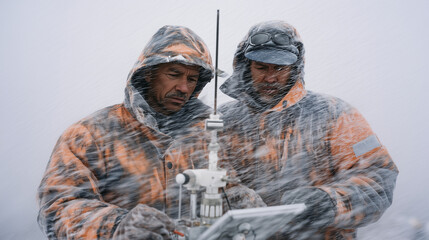 Scientists at Vernadsky Station measuring ozone concentration and atmospheric radiation using meteorological equipment in polar conditions antarctica, ukraine, science, vernadsky s