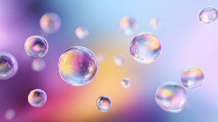 Naklejka premium Abstract 3D background with floating iridescent glass bubbles or spheres on a soft pastel gradient
