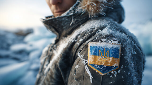 Close-up of Ukrainian expedition patch on a parka sleeve against the icy Antarctic background antarctica, ukraine, expedition, patch, parka, badge, national pride, polar, cold, sno