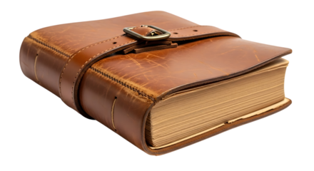 3d illustration of a closed vintage brown leatherbound journal with a strap and buckle, isolated on a transparent background