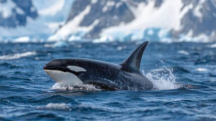 Fototapeta premium Killer whale swimming in the icy Antarctic waters near towering glaciers, symbolizing the power and mystery of polar wildlife antarctica, orca, killer whale, glacier, ice, ocean, w