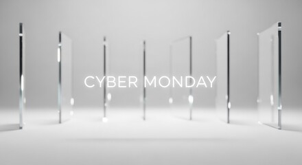 Cyber Monday promo with minimalist design. Modern screens arrangement for digital marketing campaigns, ads, e-commerce, website banners, social media graphics, and sales event.