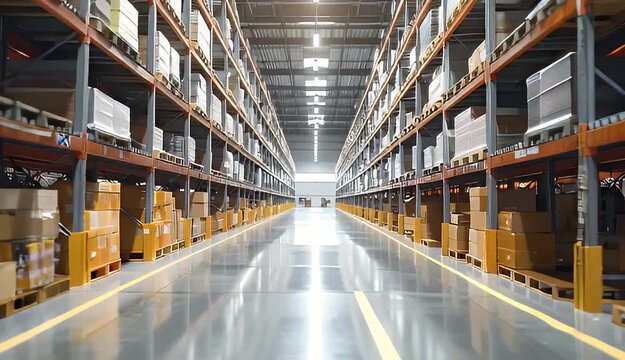 Spacious Modern Warehouse Interior With Tall Shelving Units Filled With Cardboard Boxes Under Bright Overhead Lighting