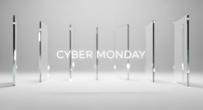 Cyber Monday promo with minimalist design. Modern screens arrangement for digital marketing campaigns, ads, e-commerce, website banners, social media graphics, and sales event.