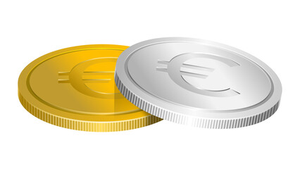 A silver and golden coins with Euro currency symbol embossed on the surfaces. Money concept, isolated on transparent.