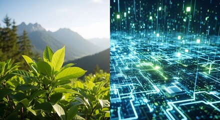 Nature's Digital Symphony: A captivating juxtaposition of nature's beauty and technological innovation. Vivid green leaves in foreground.