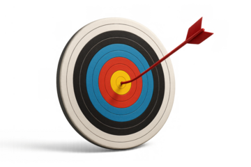 Target hit bullseye, red arrow achieving business success, goal accomplishment, accuracy concept on transparent background