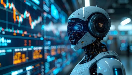 artificial intelligence (AI) in a high-tech environment, surrounded by screens displaying financial data charts and stock market analysisn