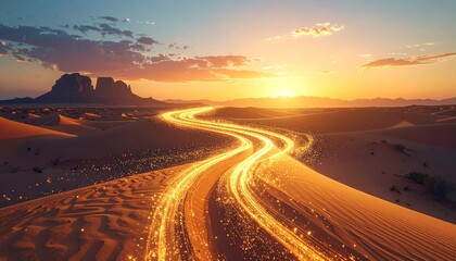 This surreal and magical setting features a vast desert landscape with mountains in the distance, creating an atmosphere of adventure and travel.s