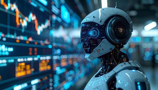 artificial intelligence (AI) in a high-tech environment, surrounded by screens displaying financial data charts and stock market analysisn