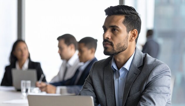 A professional businessman attentively listening during a corporate meeting or conference, showing a focused and thoughtful expression.