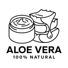 Aloe Vera symbol, logo, badge, icon, sticker, label, sign, emblem, stamp, black, green, line, flat vector, isolated illustration. Aloe Vera label for product packaging design.