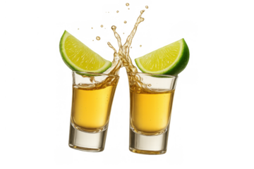 Two gold tequila shots clinking, liquid splashing, garnished with fresh lime wedges on a transparent background