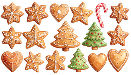 Set of watercolor Christmas Gingerbread cookies. Cute winter homemade sweets in festive shapes isolated on white background.