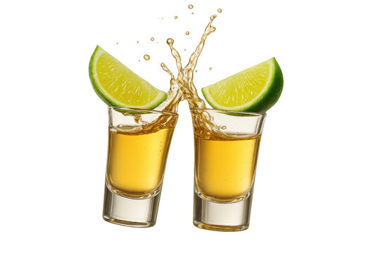 Two gold tequila shots clinking, liquid splashing, garnished with fresh lime wedges on a transparent background