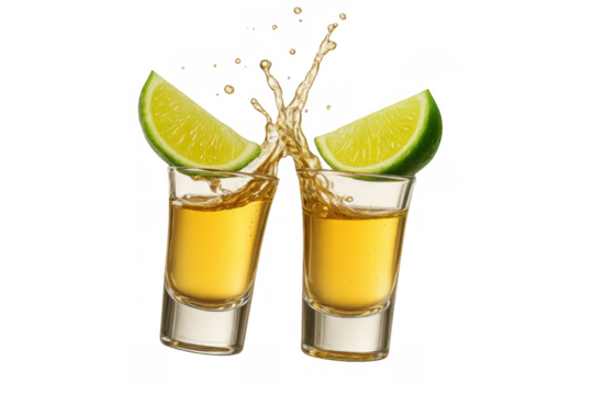 Two gold tequila shots clinking, liquid splashing, garnished with fresh lime wedges on a transparent background