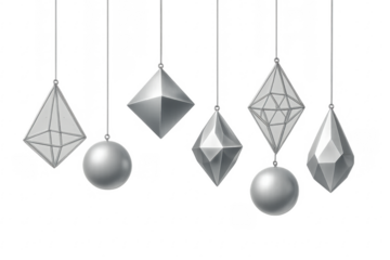 Hanging silver geometric ornaments on transparent background