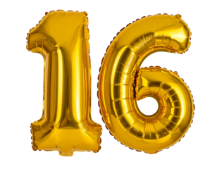 Number 16 golden balloons numbers. Happy birthday, isolated on a transparent background.