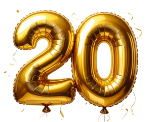 Number 20 golden balloons numbers. Happy birthday, isolated on a transparent background.