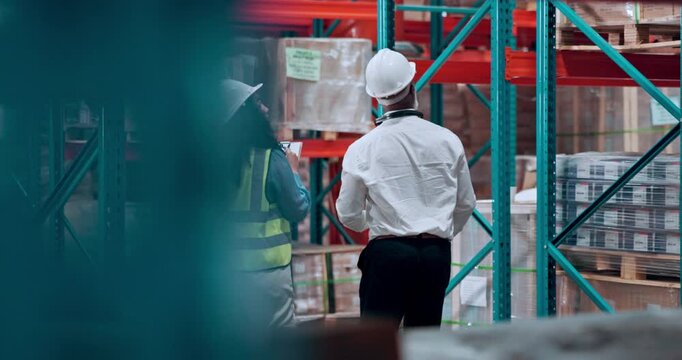 Tablet, supply chain and people in warehouse, conversation and storage inspection with backlog. Logistics, quality control and employees in factory, discussion and inventory with distribution