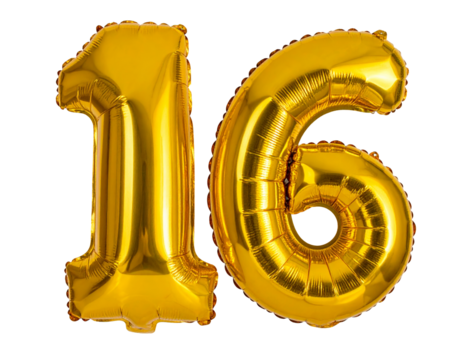 Number 16 golden balloons numbers. Happy birthday, isolated on a transparent background.