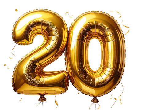 Number 20 golden balloons numbers. Happy birthday, isolated on a transparent background.