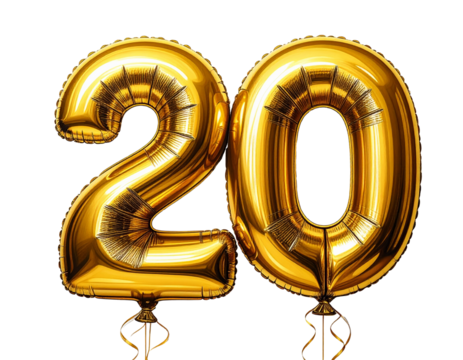 Number 20 golden balloons numbers. Happy birthday, isolated on a transparent background.