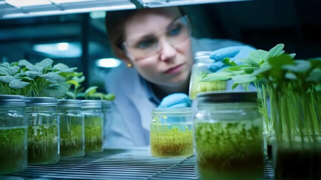 Medium shot of a scientist examining microbial cultures enhancing plant roots highlighting symbiotic interactions and plant health benefits.