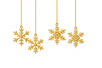 Golden snowflakes christmas ornaments hanging on transparent background