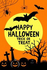 Happy halloween trick or treat with bats and pumpkins