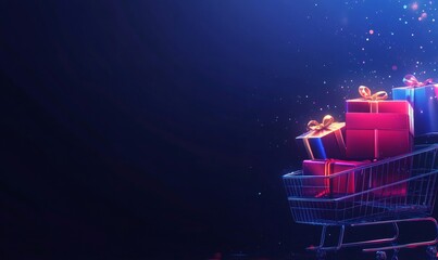 Shopping cart carrying multiple glowing gift boxes during a holiday season sale event