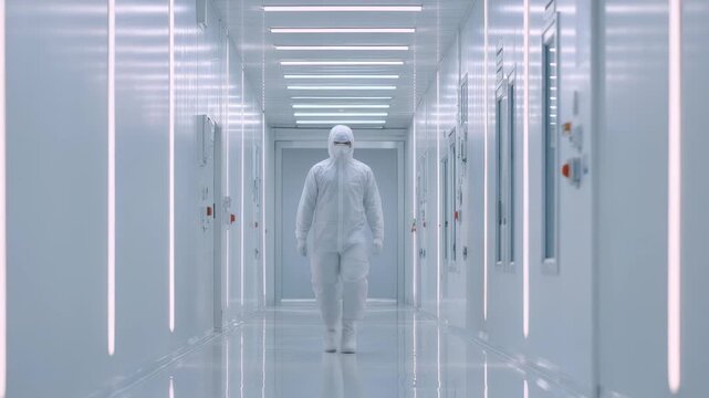 Person in white hazmat suit moves confidently down high tech, sterile hallway, reflecting modern scientific research. Cleanroom setting highlights safety, precision, innovation in science