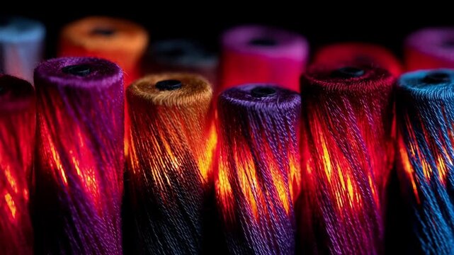 Closeup of heatresistant fireproof embroidery threads glowing softly under studio lighting showcasing vibrant colors designed for maximum temperature tolerance and durability.