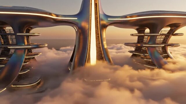 Futuristic city above the clouds at sunset, a stunning architectural marvel for modern city planning and innovative design concepts in virtual worlds