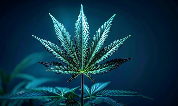 Close Up Of A Glowing Green Cannabis Leaf With Water Droplets Against A Dark Blue Blurred Background With Soft Lighting