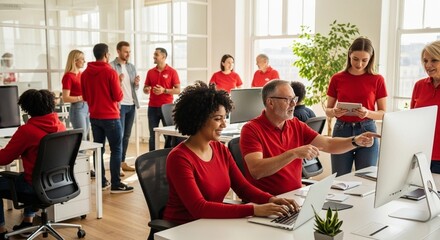 Diverse group of professionals wearing red shirts collaborate in a bright, modern open-plan office setting.