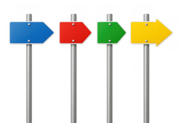 Multiple blank colorful arrow signposts pointing right, offering choices or displaying different directions, transparent background