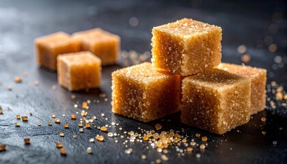 brown cane sugar cubes on a dark background with copy space
