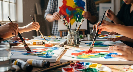 Group painting session with vibrant abstract art on canvases. Creative hands holding brushes and palettes in an art workshop.