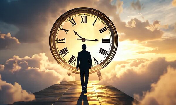 Man Walking Toward Giant Clock Above Clouds During Golden Hour Sunset