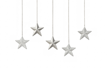Silver stars hanging festive christmas decorations on transparent background
