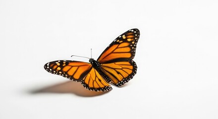 A monarch butterfly with open wings rests on a white surface, casting a shadow.