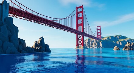 Fototapeta premium Vibrant Red Suspension Bridge Spanning Blue Waters with Rocky Shorelines and Clear Sky.