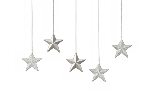 Silver stars hanging festive christmas decorations on transparent background