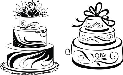 Elegant black and white wedding cake vector illustration with floral decorations, ribbon bow, swirl patterns, and detailed icing design elements.